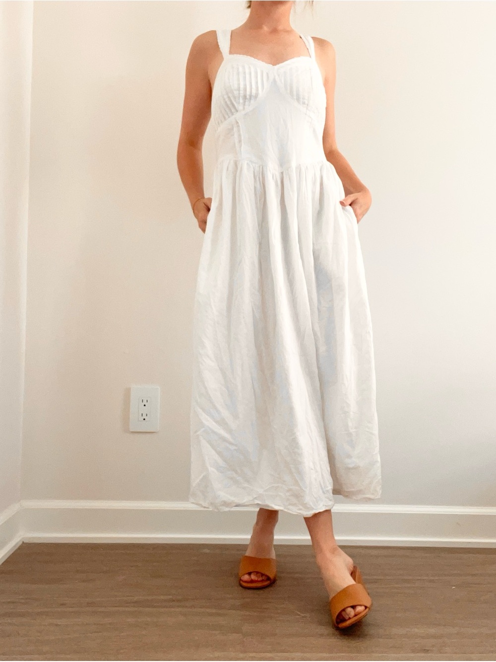 American Eagle Outfitters White Midi Drop Waist Sundress with Pockets